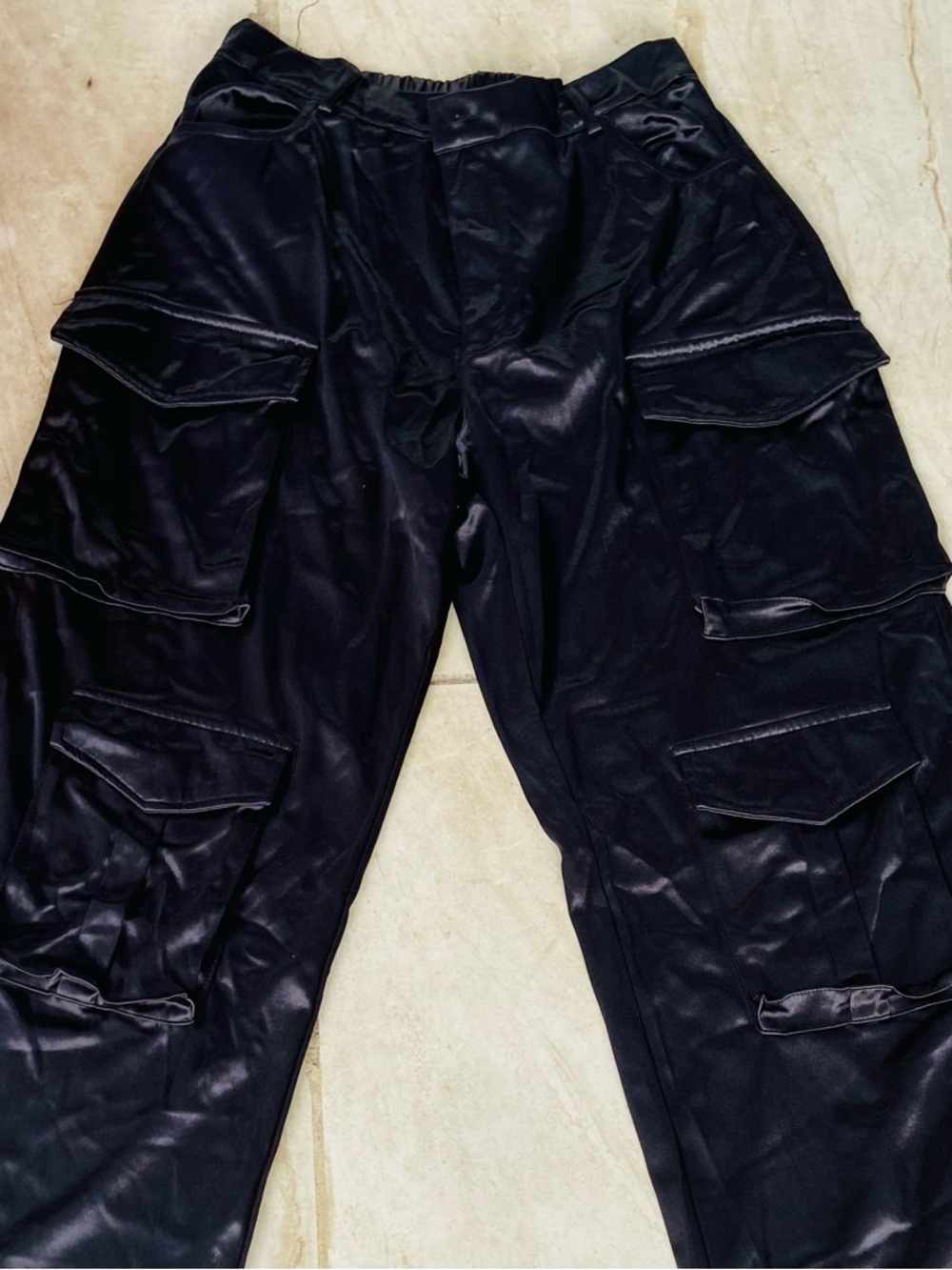 Satin Wide-Leg Cargo Pants in Black - Picture 4 of 6